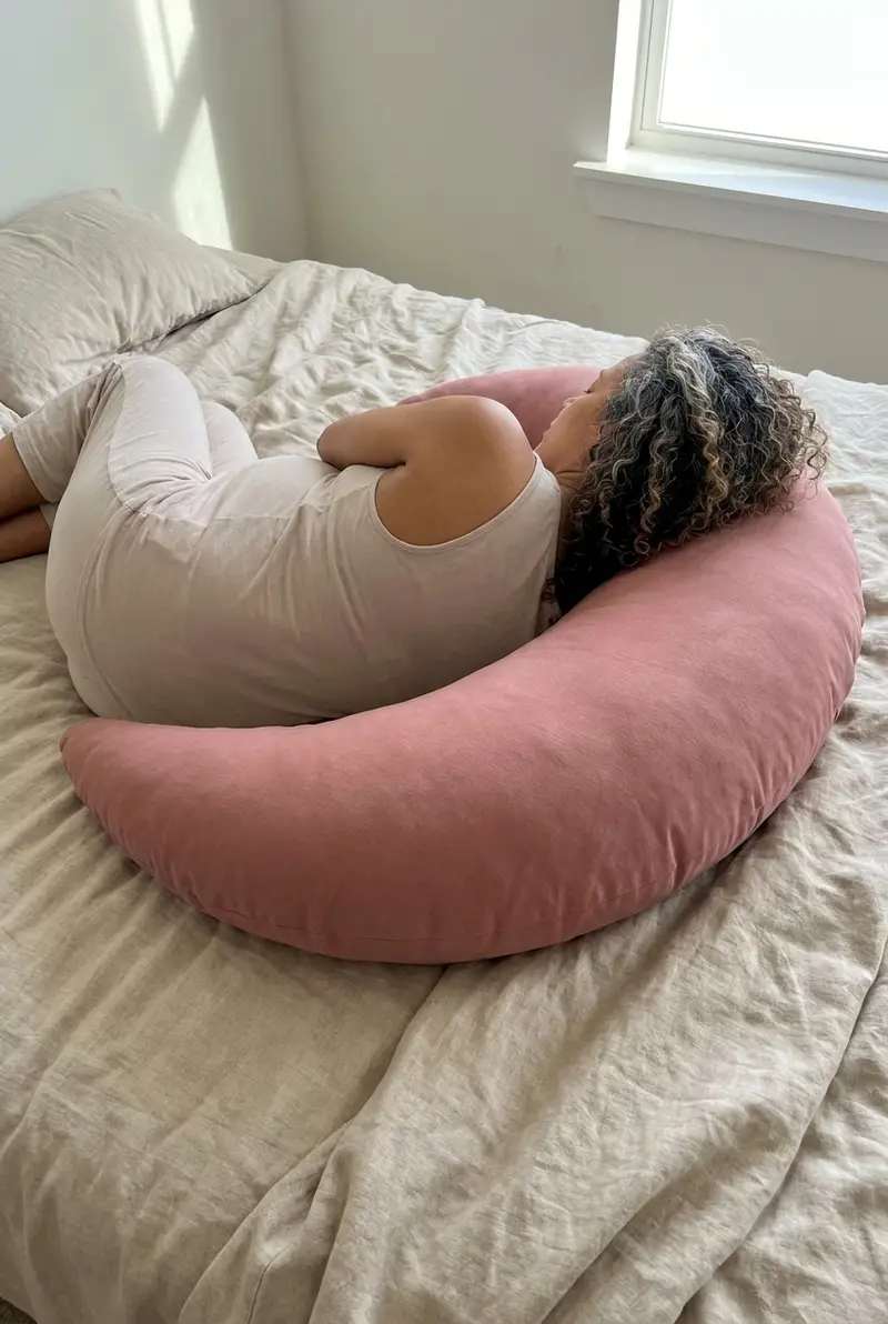 An expecting mother asleep in The Cove Pregnancy Pillow in Rosewood
