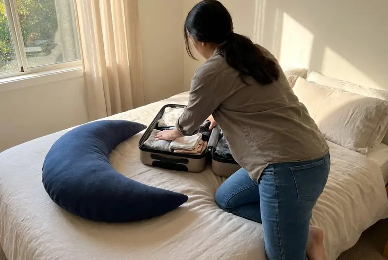 An expecting mother unpacking beside The Cove Pregnancy Pillow in Ink in a guest room