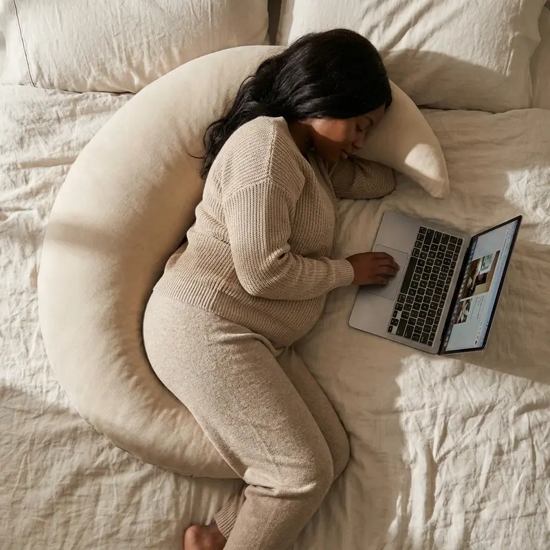 An expecting mother lying in The Cove Pregnancy Pillow in Oat with a laptop