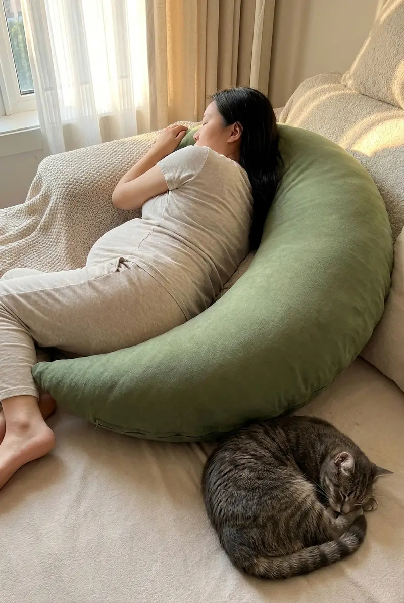 An expecting mother napping in The Cove Pregnancy Pillow in Moss, a tabby cat by her knees