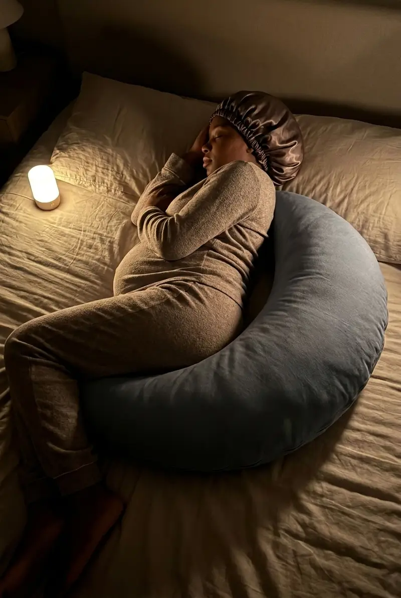 An expecting mother asleep in The Cove Pregnancy Pillow in Slate by nightlight