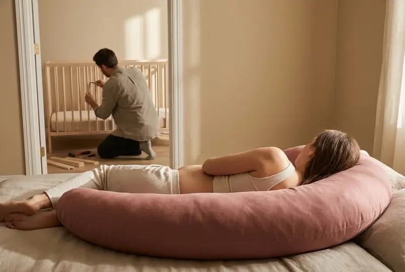 An expecting mother resting in The Cove Pregnancy Pillow in Rosewood while a partner builds a crib