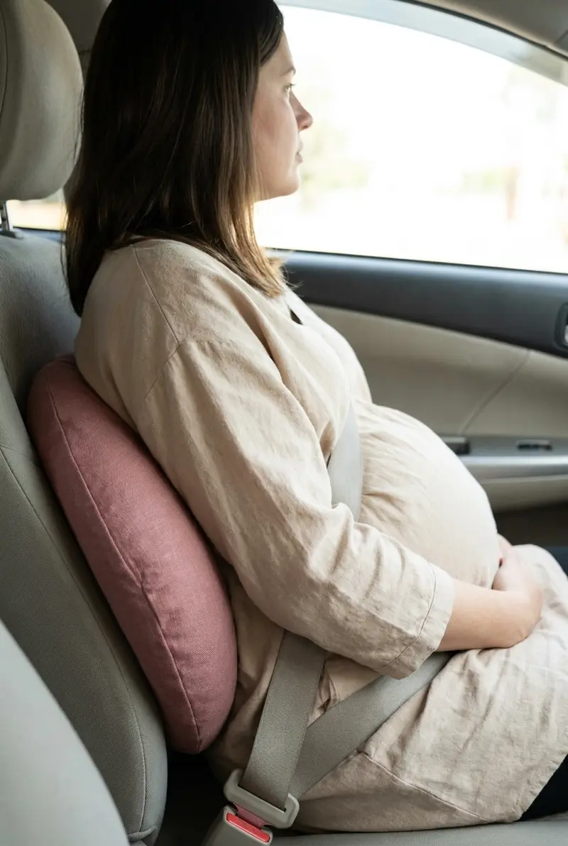 An expecting mother in a car seat with The Cove Pregnancy Pillow Mini behind her lower back
