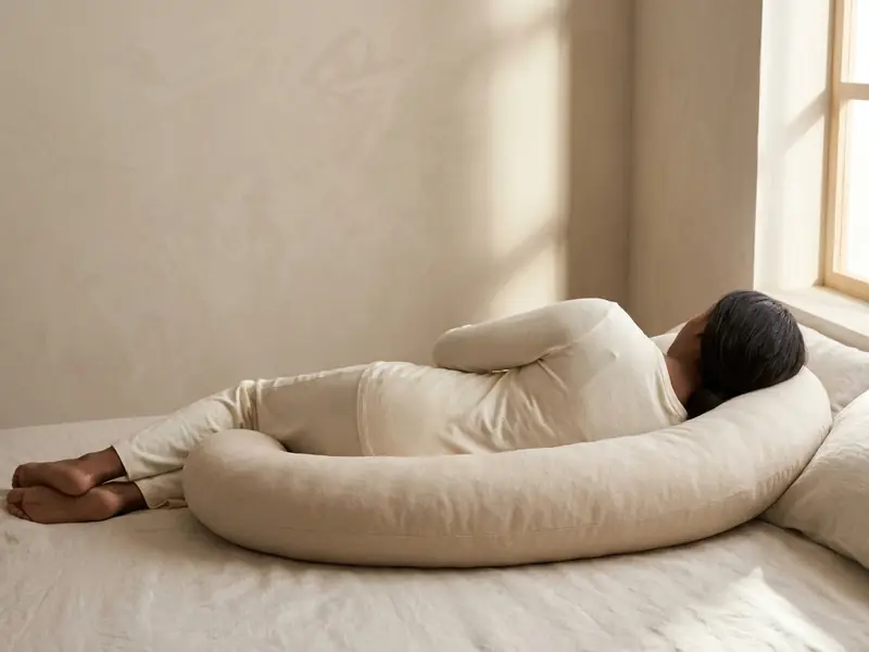 A pregnant woman sleeps on her side with an oat crescent pillow running along behind her back