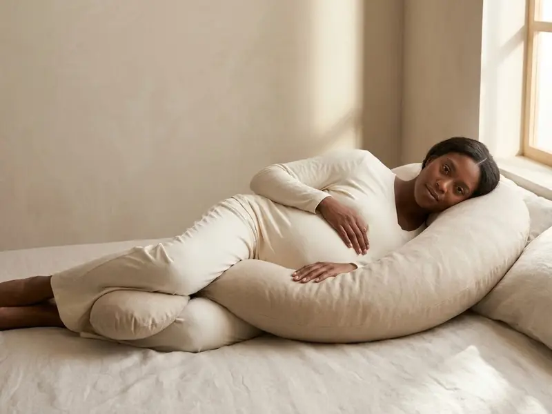 A pregnant woman lies on her side with the thick end of an oat crescent pillow tucked under her bump
