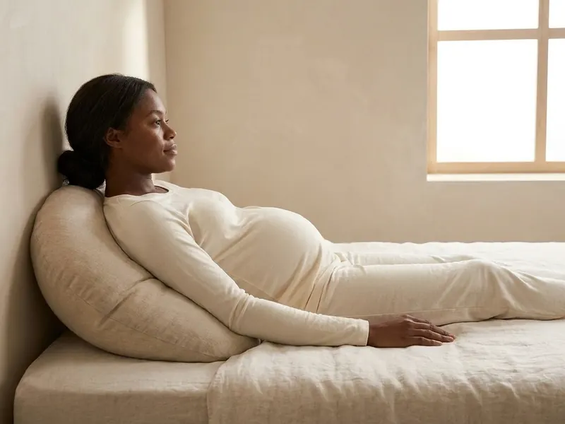 A pregnant woman lies on her side leaning back against a small plump oat crescent pillow