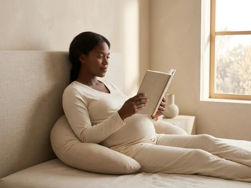 A pregnant woman sits reclined in bed reading, with an oat crescent pillow wrapped behind her lower back