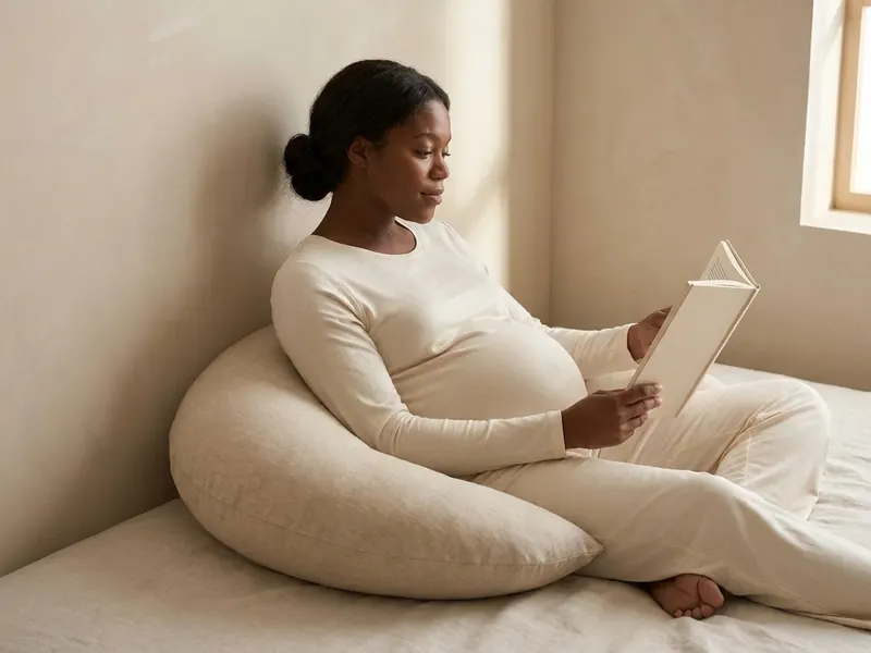 A pregnant woman sits up in bed reading with a small plump oat crescent pillow behind her lower back