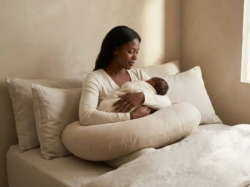 A mother sits up in bed feeding her newborn, her arms resting on an oat crescent pillow at feeding height