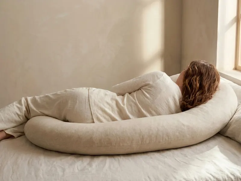 Seen from behind, a woman sleeps on her side with a plump crescent body pillow along her back