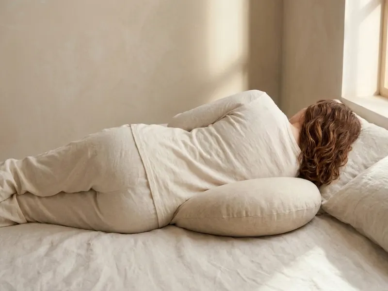 Seen from behind, a woman sleeps on her side with a small plump crescent pillow tucked against her lower back