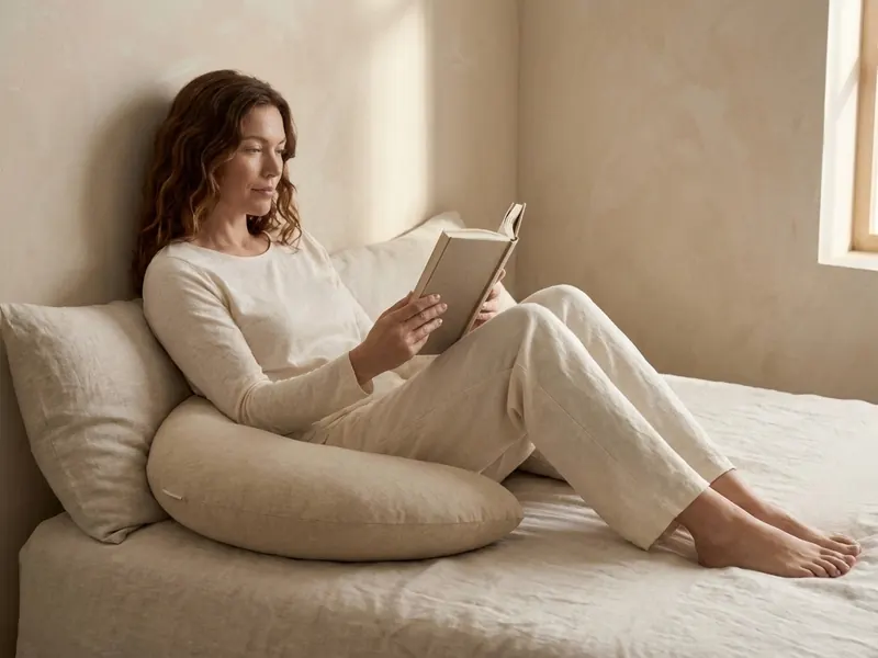 A woman sits up in bed reading, a small plump crescent pillow curved around her lower back