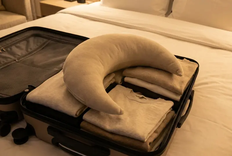 An Oat Cove Mini packed on top of clothes in a suitcase