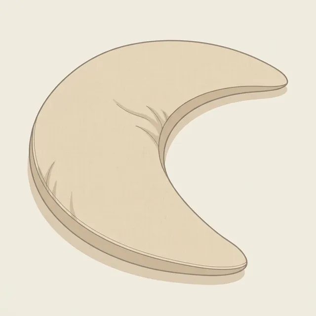 A plump oat crescent body pillow, full in the middle and tapering to soft tips