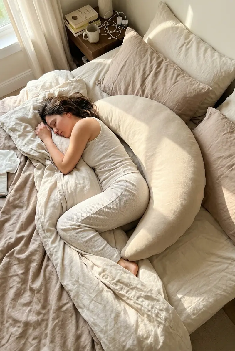 A woman asleep on her side, hugging an Oat Cove in morning light