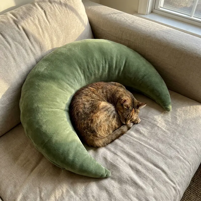 A tabby cat curled inside the curve of a Moss Cove on a sofa